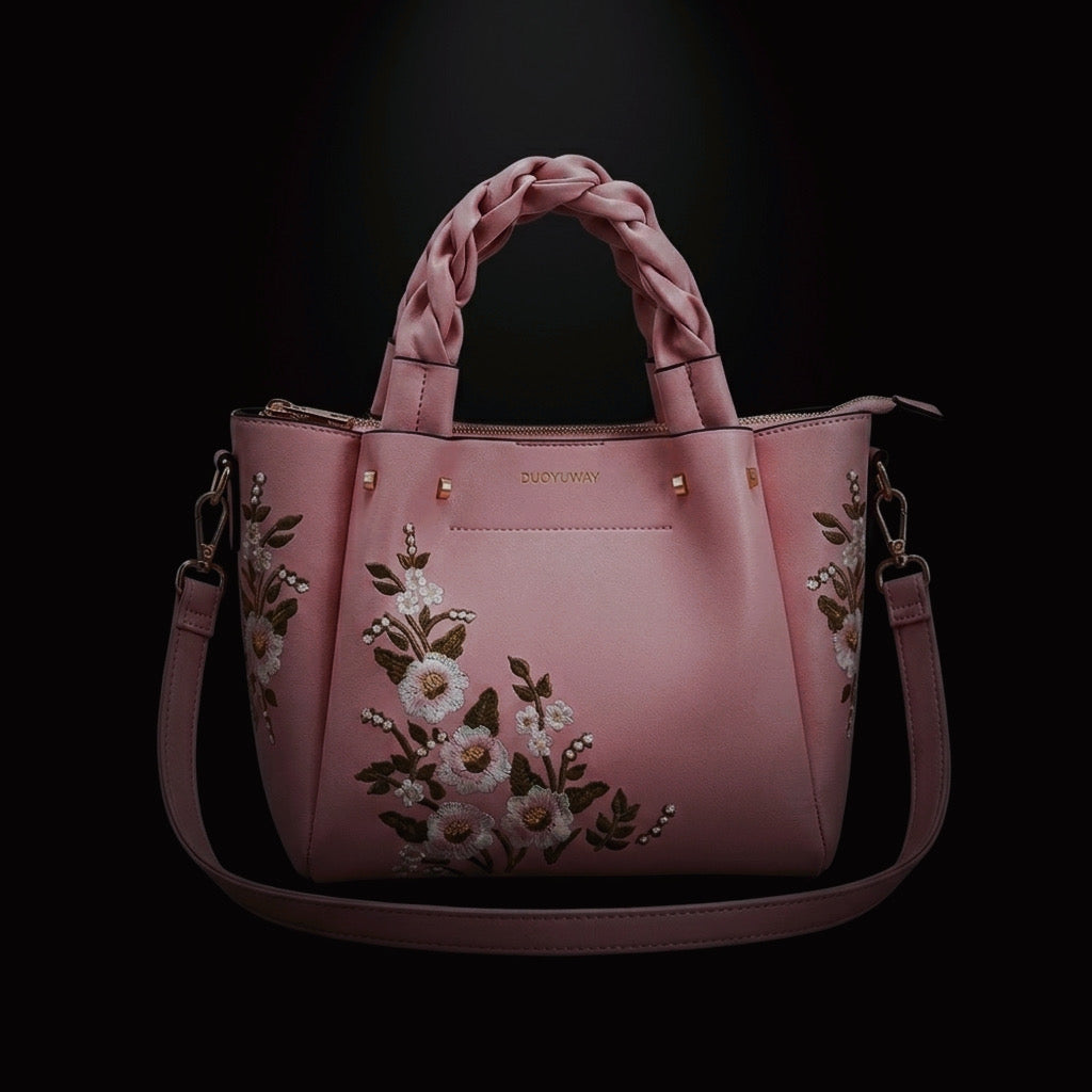 Veloura™ – "Floral Aura" Satchel with Artisanal Braided Handle