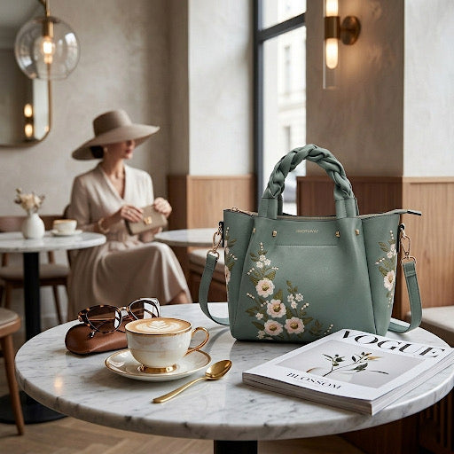 Veloura™ – "Floral Aura" Satchel with Artisanal Braided Handle