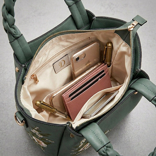 Veloura™ – "Floral Aura" Satchel with Artisanal Braided Handle