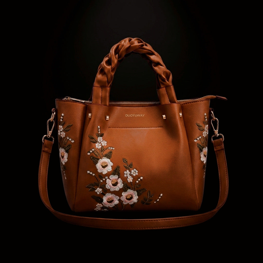 Veloura™ – "Floral Aura" Satchel with Artisanal Braided Handle