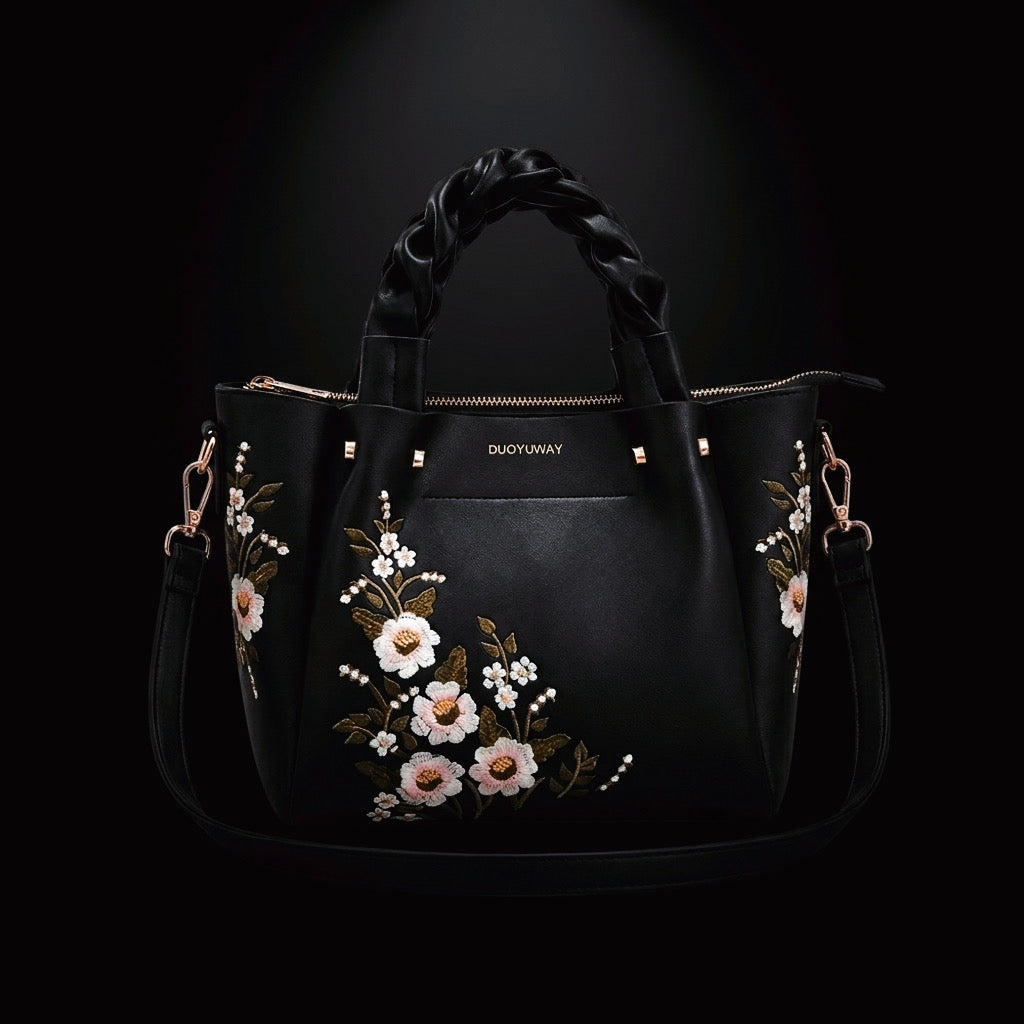 Veloura™ – "Floral Aura" Satchel with Artisanal Braided Handle